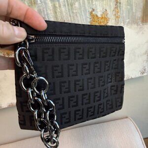 FENDI Zippered Pouch/Pochette/Wristlet w Removable Gun Metal Chain Link Hardware